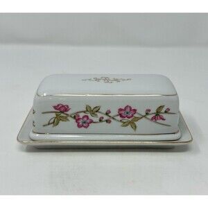 Vintage Valmont Briar Rose Butter Dish, Porcelain Floral Gold Trim, Cottagecore